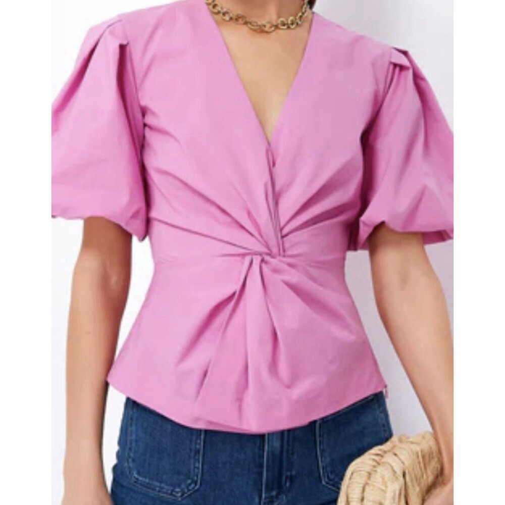 Jonathan SIMKHAI XS Rebel Cotton Poplin Short Puff Sleeve Top in Opera Pink
